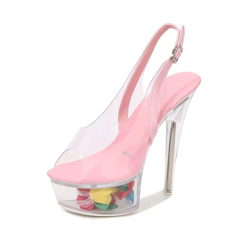 15cm Platform Shoes with Flower Filled Transparent Heel