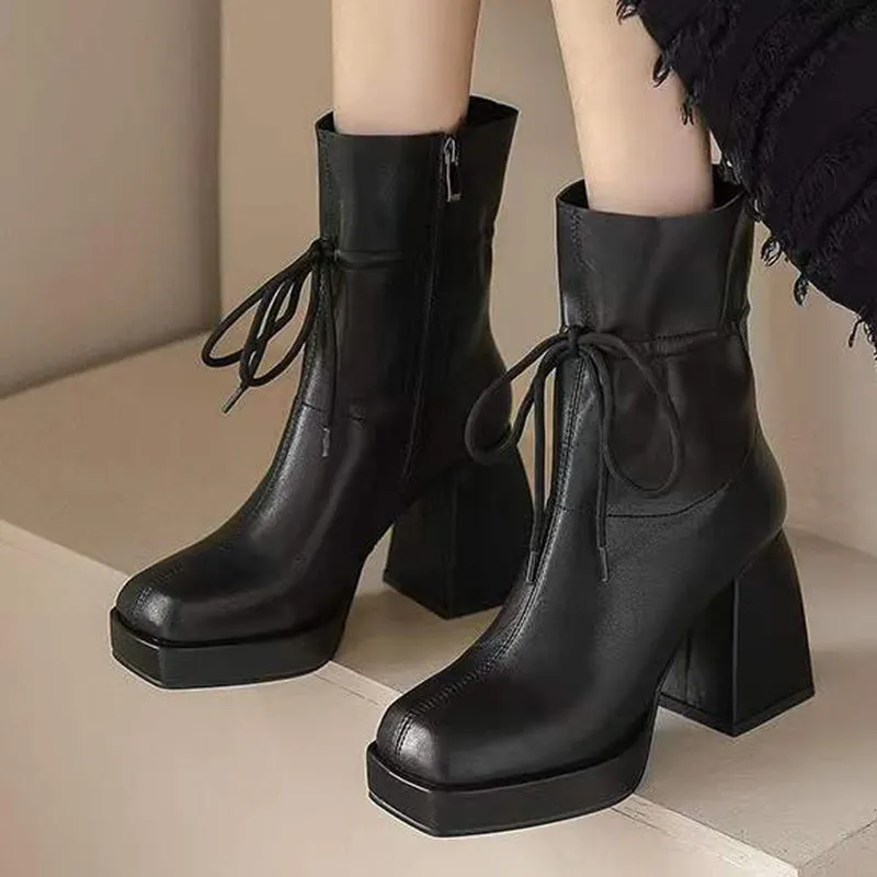 Beige Thick High Heel Ankle Boots