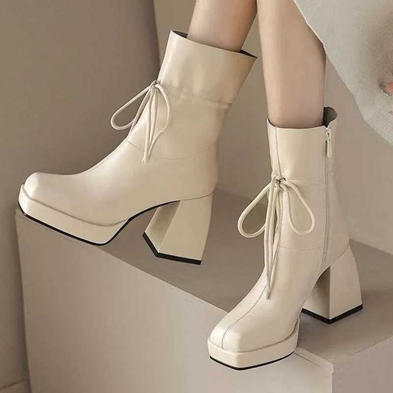 Beige Thick High Heel Ankle Boots