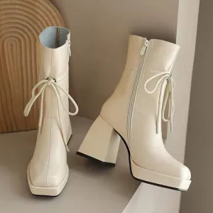 Beige Thick High Heel Ankle Boots