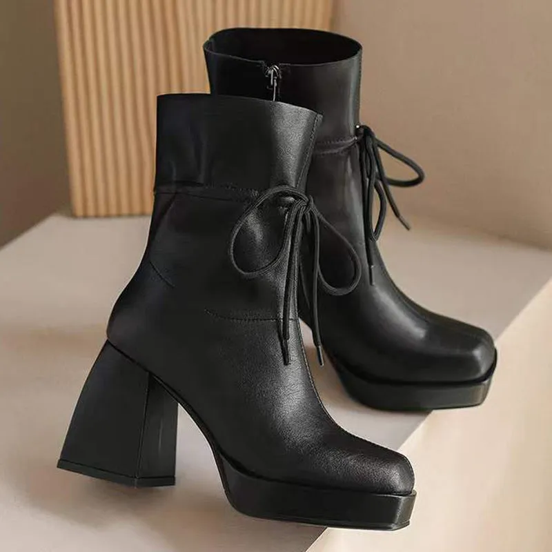 Beige Thick High Heel Ankle Boots