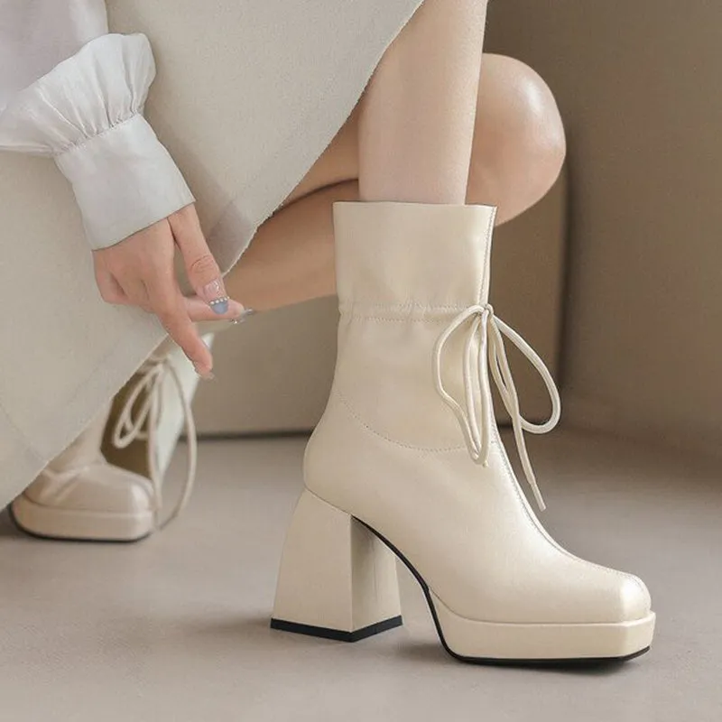 Beige Thick High Heel Ankle Boots