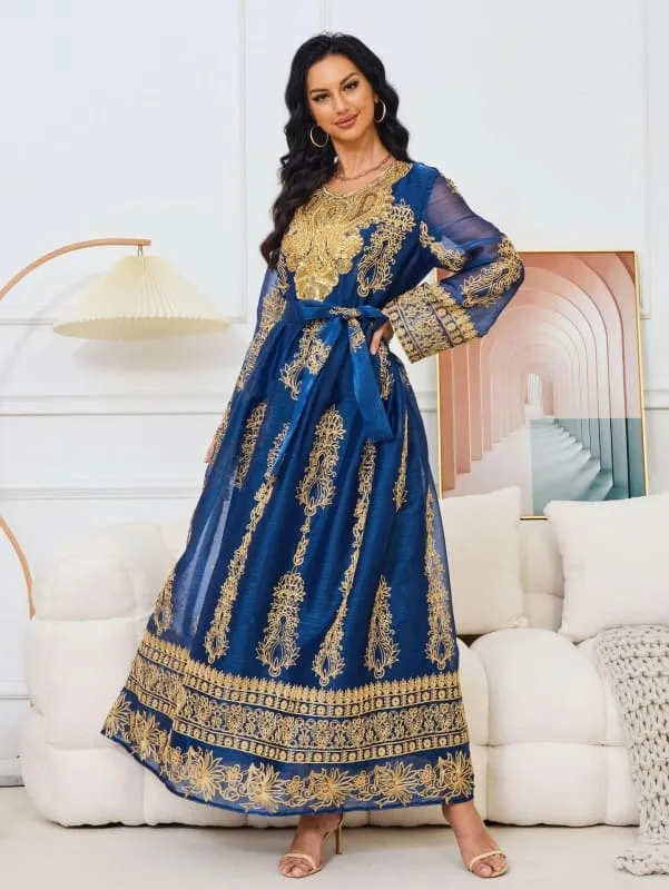 Blue and Gold Afghan Dress with Flower Shaped Round Neck for Muslim Womens