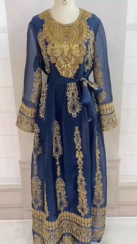 Blue and Gold Afghan Dress with Flower Shaped Round Neck for Muslim Womens