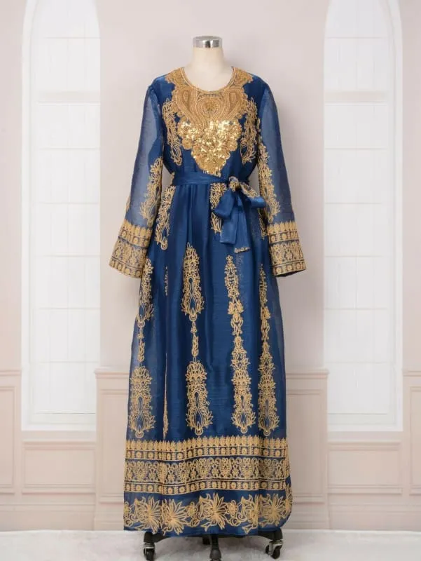 Blue and Gold Afghan Dress with Flower Shaped Round Neck for Muslim Womens