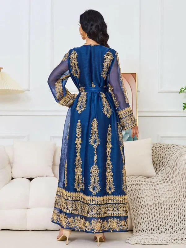 Blue and Gold Afghan Dress with Flower Shaped Round Neck for Muslim Womens