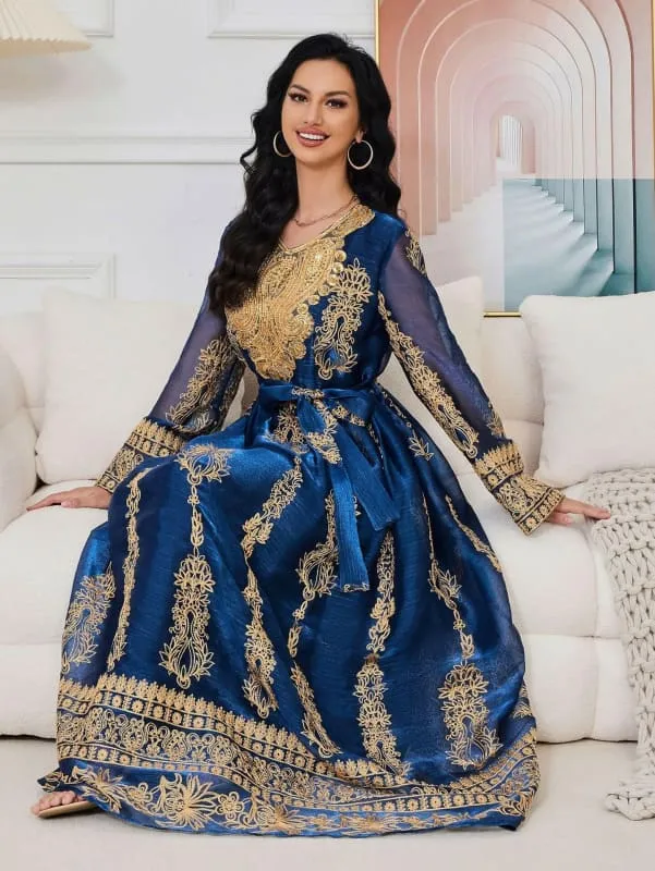 Blue and Gold Afghan Dress with Flower Shaped Round Neck for Muslim Womens