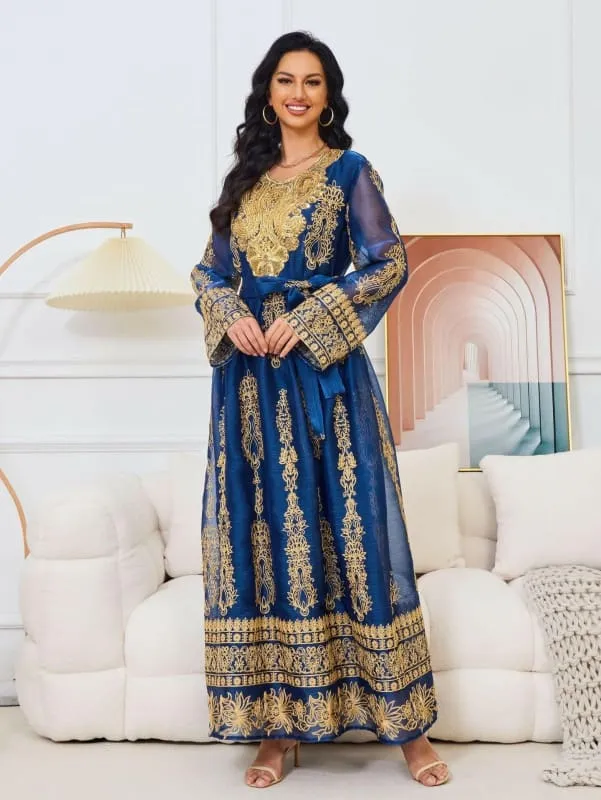 Blue and Gold Afghan Dress with Flower Shaped Round Neck for Muslim Womens