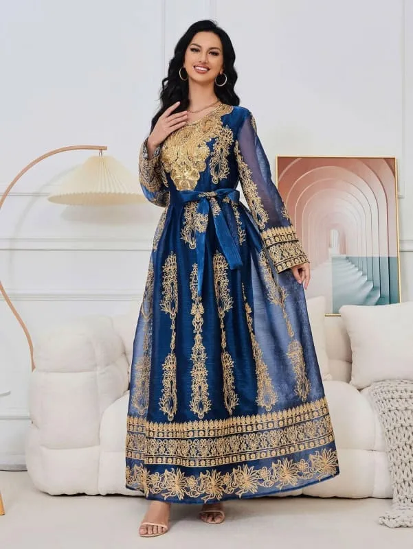 Blue and Gold Afghan Dress with Flower Shaped Round Neck for Muslim Womens
