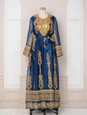 Blue and Gold Afghan Dress with Flower Shaped Round Neck for Muslim Womens