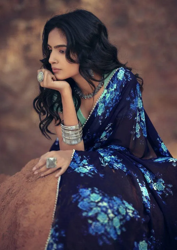Blue Floral Printed Saree with Pearl Lace Work MN3810