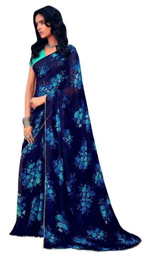 Blue Floral Printed Saree with Pearl Lace Work MN3810