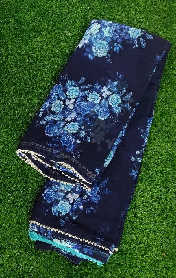 Blue Floral Printed Saree with Pearl Lace Work MN3810