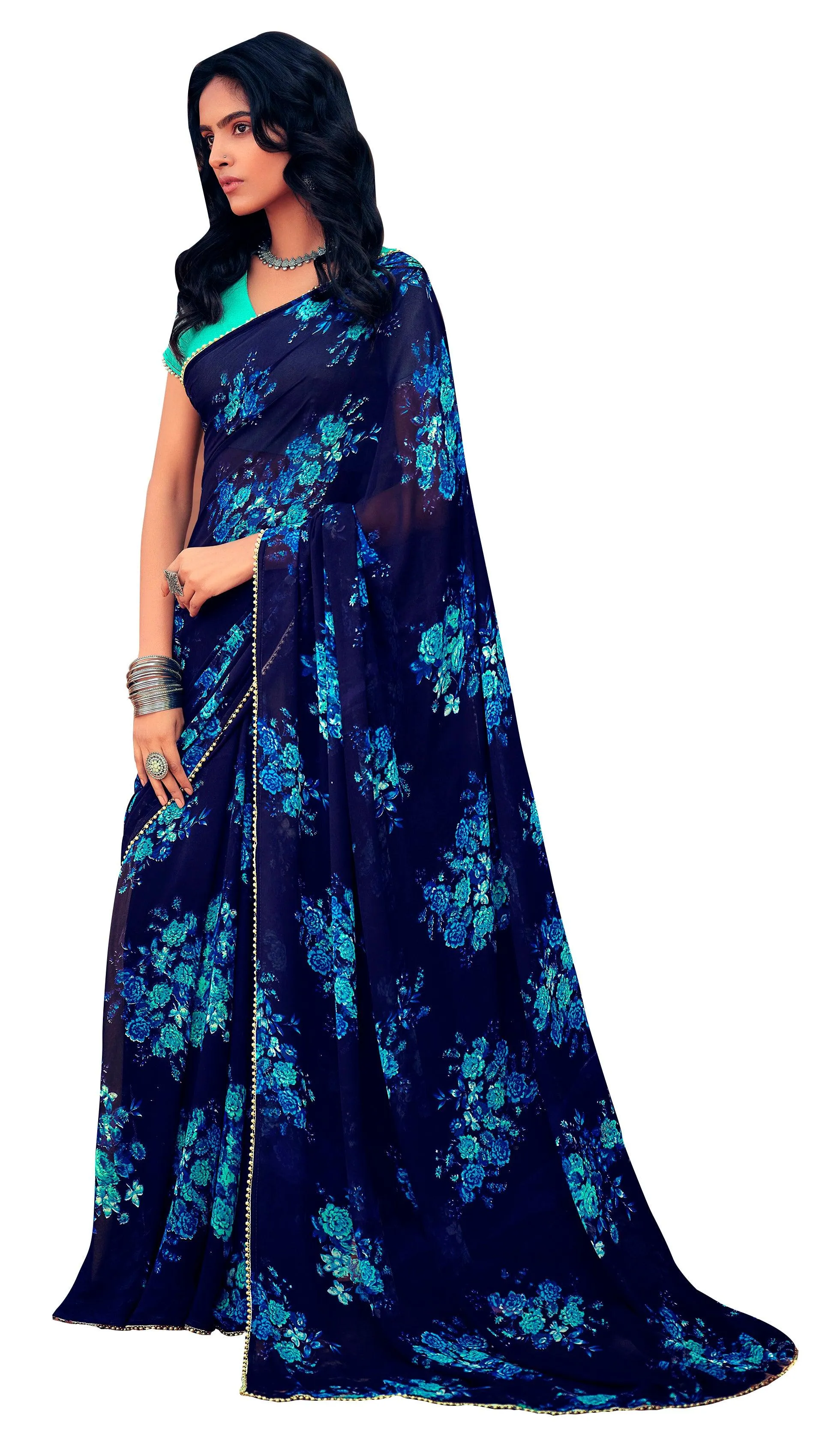 Blue Floral Printed Saree with Pearl Lace Work MN3810