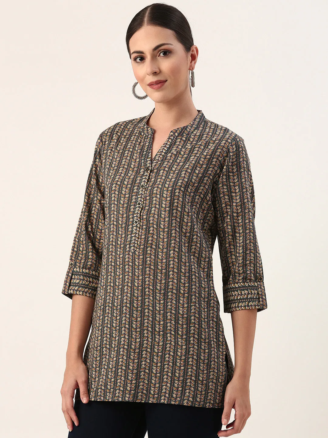 Blue Mandarin Collar Leaf Print Cotton Tunic