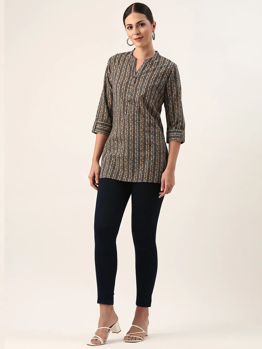 Blue Mandarin Collar Leaf Print Cotton Tunic
