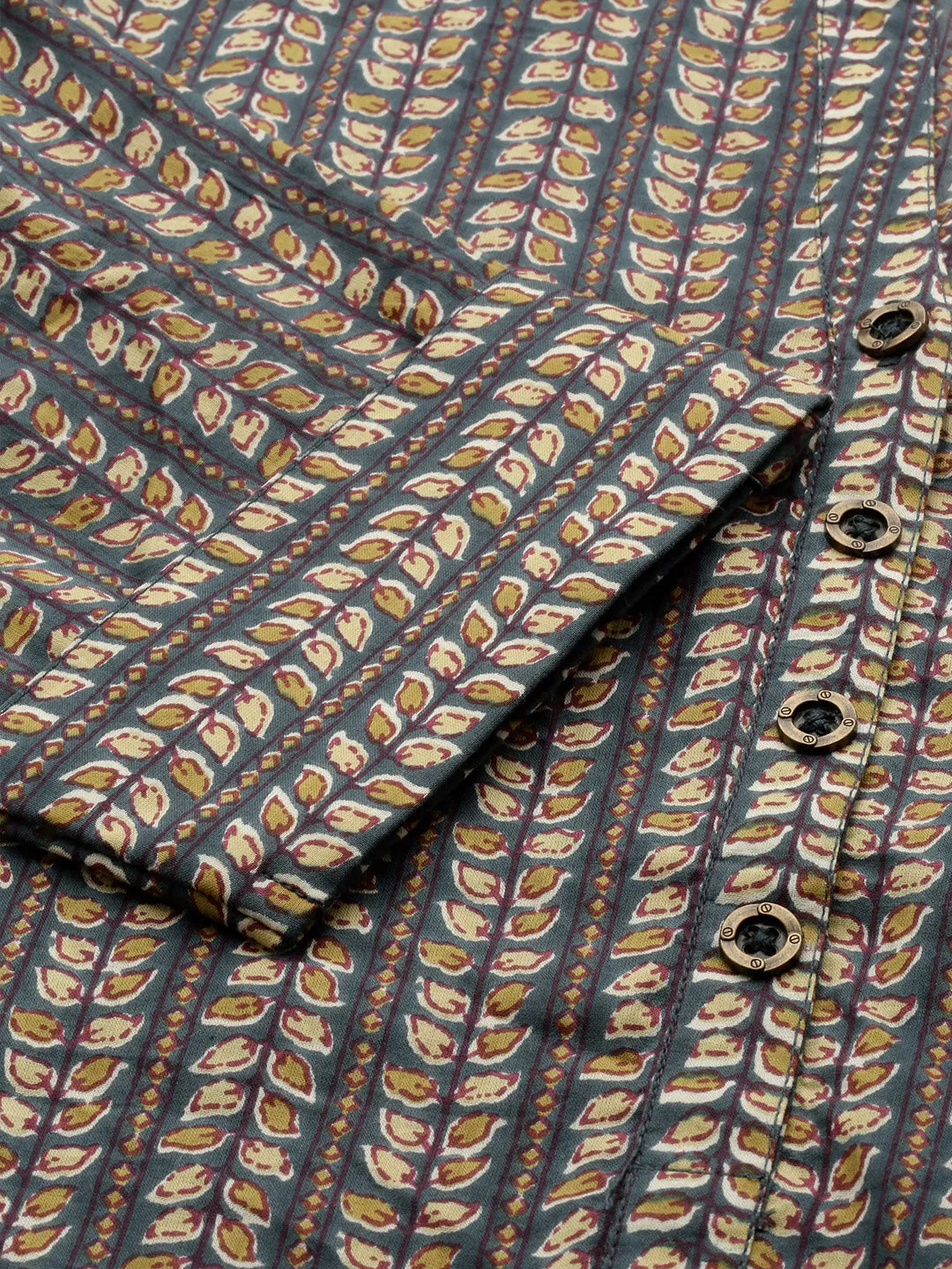 Blue Mandarin Collar Leaf Print Cotton Tunic