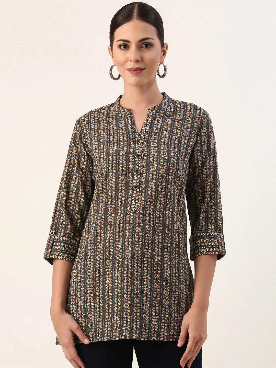 Blue Mandarin Collar Leaf Print Cotton Tunic
