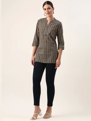 Blue Mandarin Collar Leaf Print Cotton Tunic