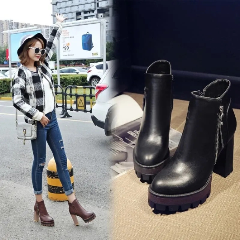 British Retro High Heel Boots with Thick Sole for Comfort and Style