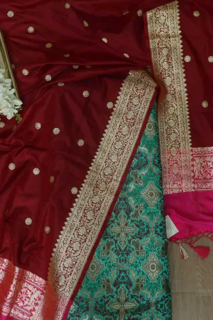 Elegant Blue Banarasi Kimkhwab Silk Suit With Maroon Handloom Banarasi Pure Katan Silk Dupatta