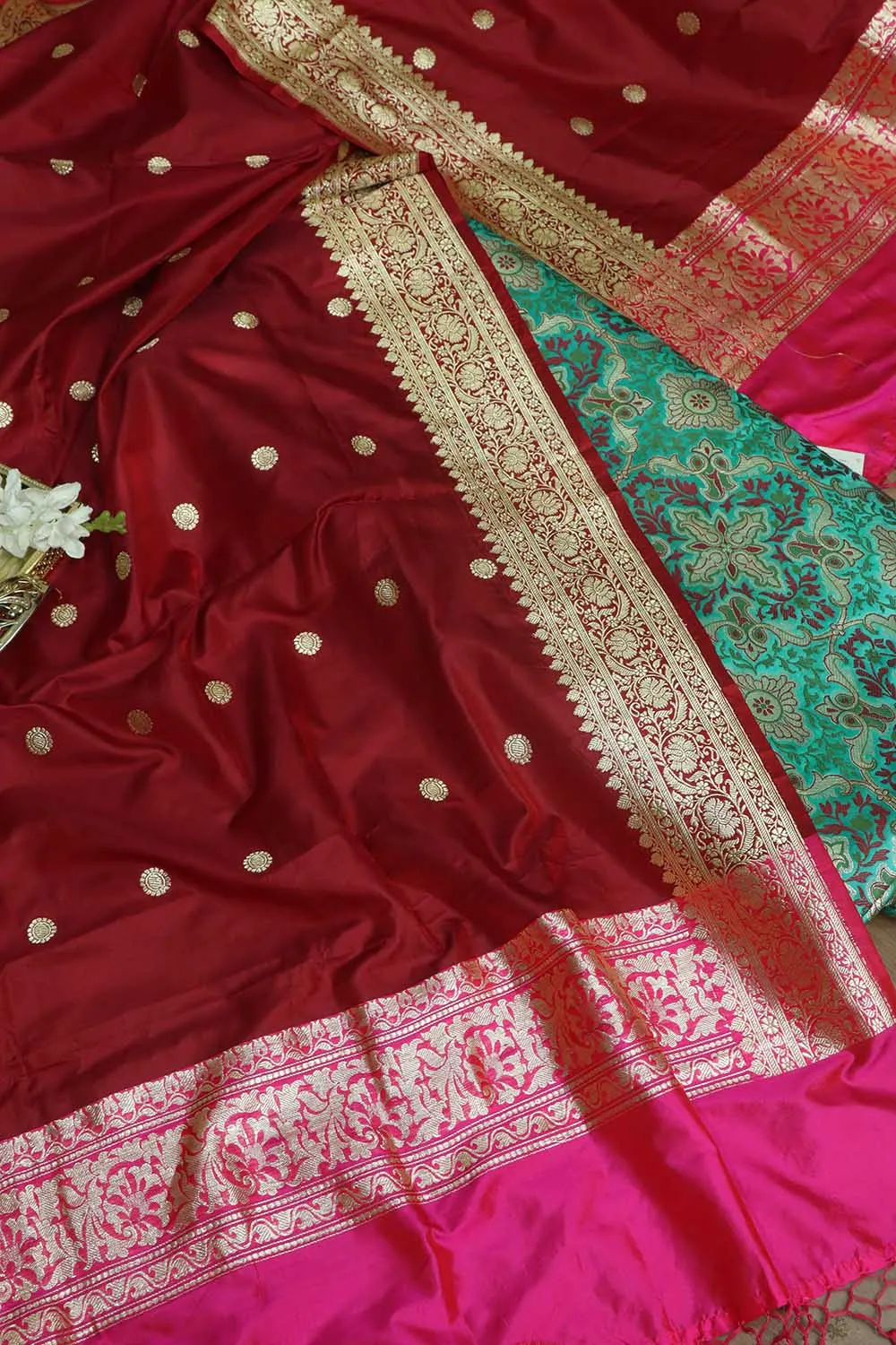 Elegant Blue Banarasi Kimkhwab Silk Suit With Maroon Handloom Banarasi Pure Katan Silk Dupatta