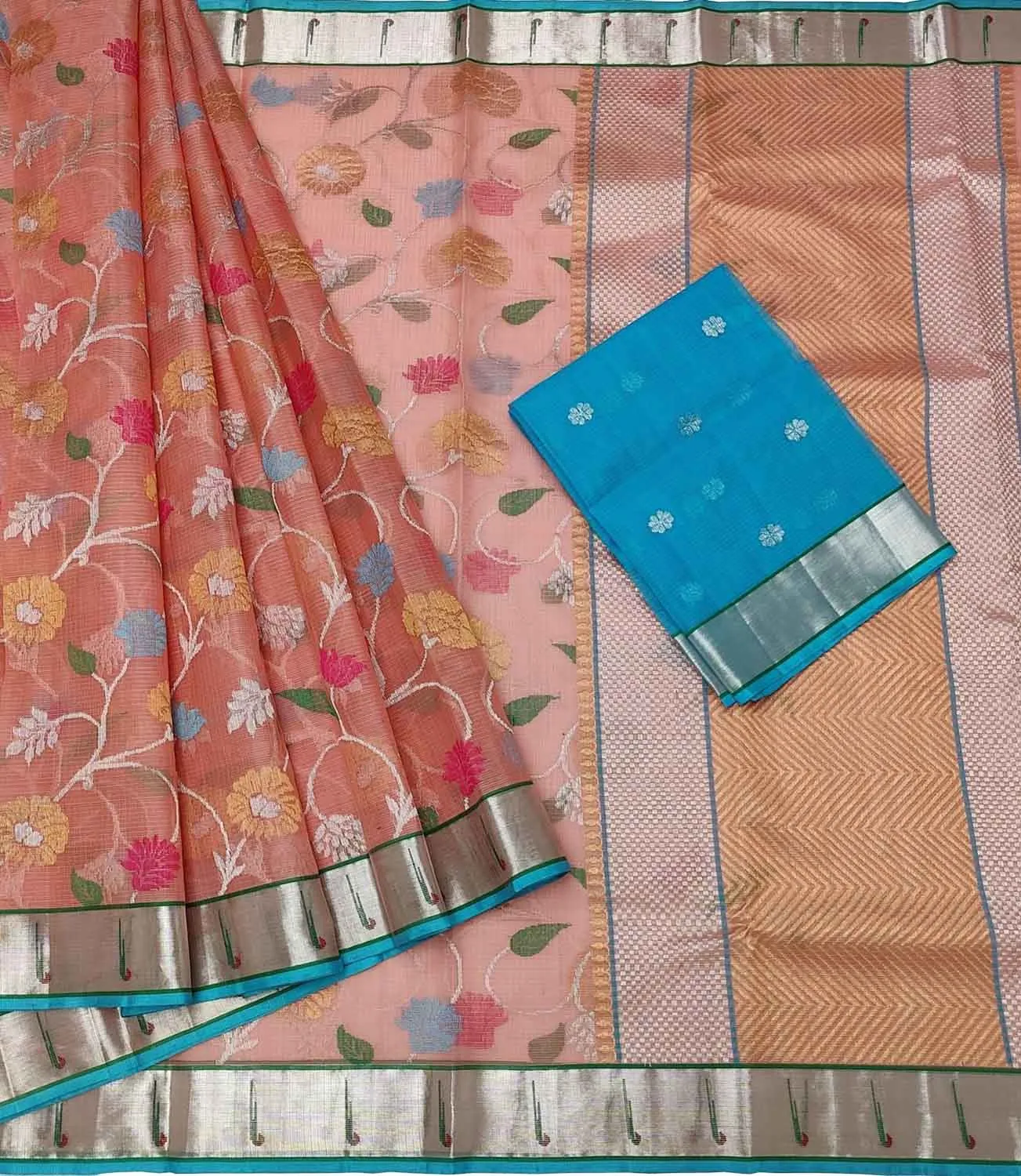 Elegant Pink & Blue Handloom Kota Doria Saree