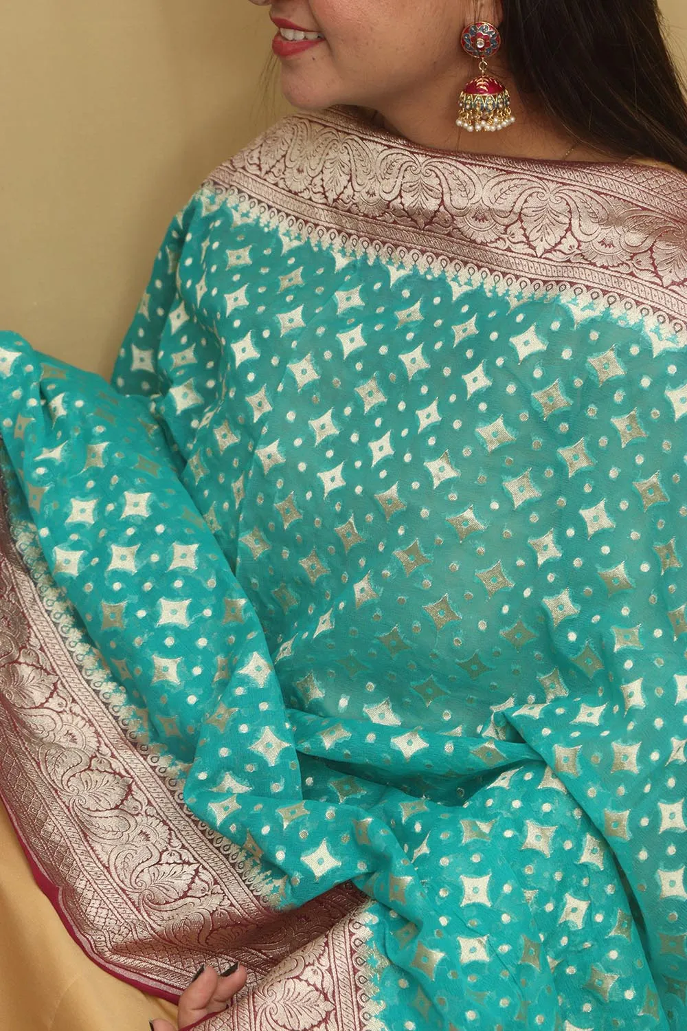 Exquisite Blue Banarasi Handloom Pure Georgette Dupatta