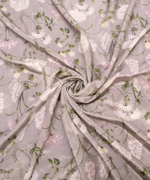 Grey Floral Digital Print Velvet Fabric