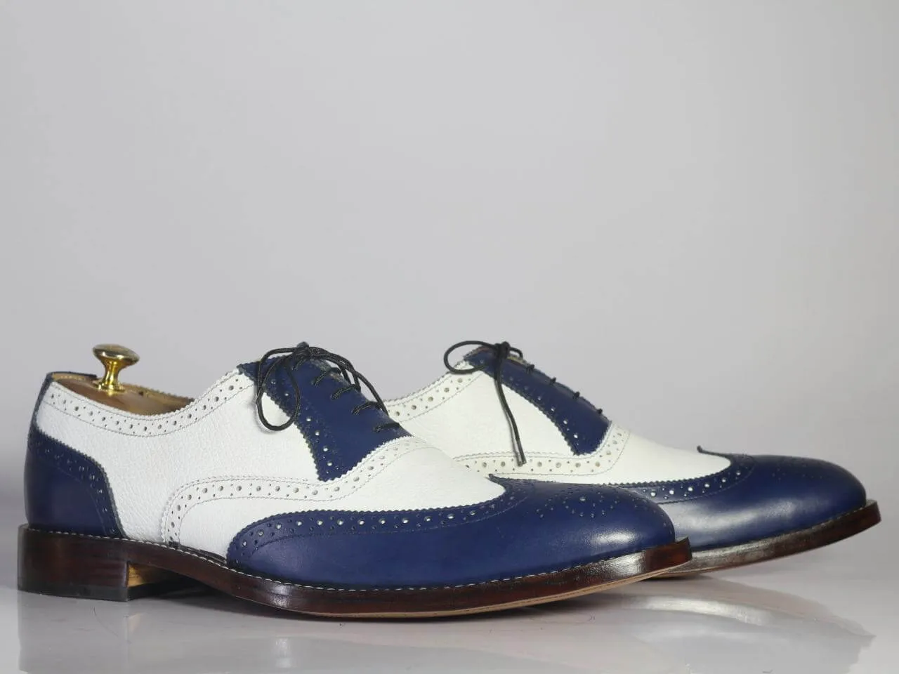 Handmade Men Blue White Wing Tip Brogue Shoes, Men Leather Lace Up Dress Shoes