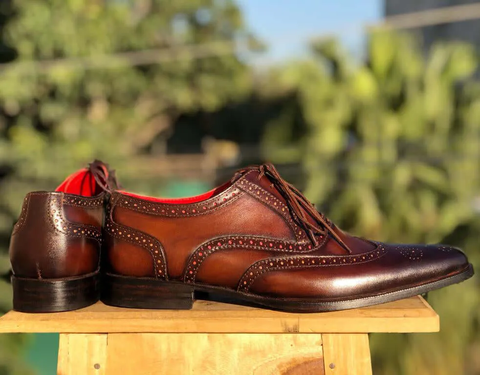 Handmade Men's Dark Brown Wing Tip Brogue Leather Lace Up Shoes, Men Designer Dress Formal Luxury Shoes