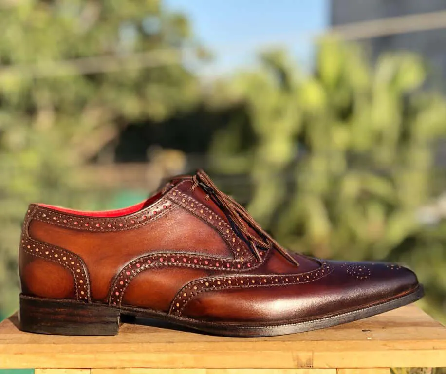 Handmade Men's Dark Brown Wing Tip Brogue Leather Lace Up Shoes, Men Designer Dress Formal Luxury Shoes