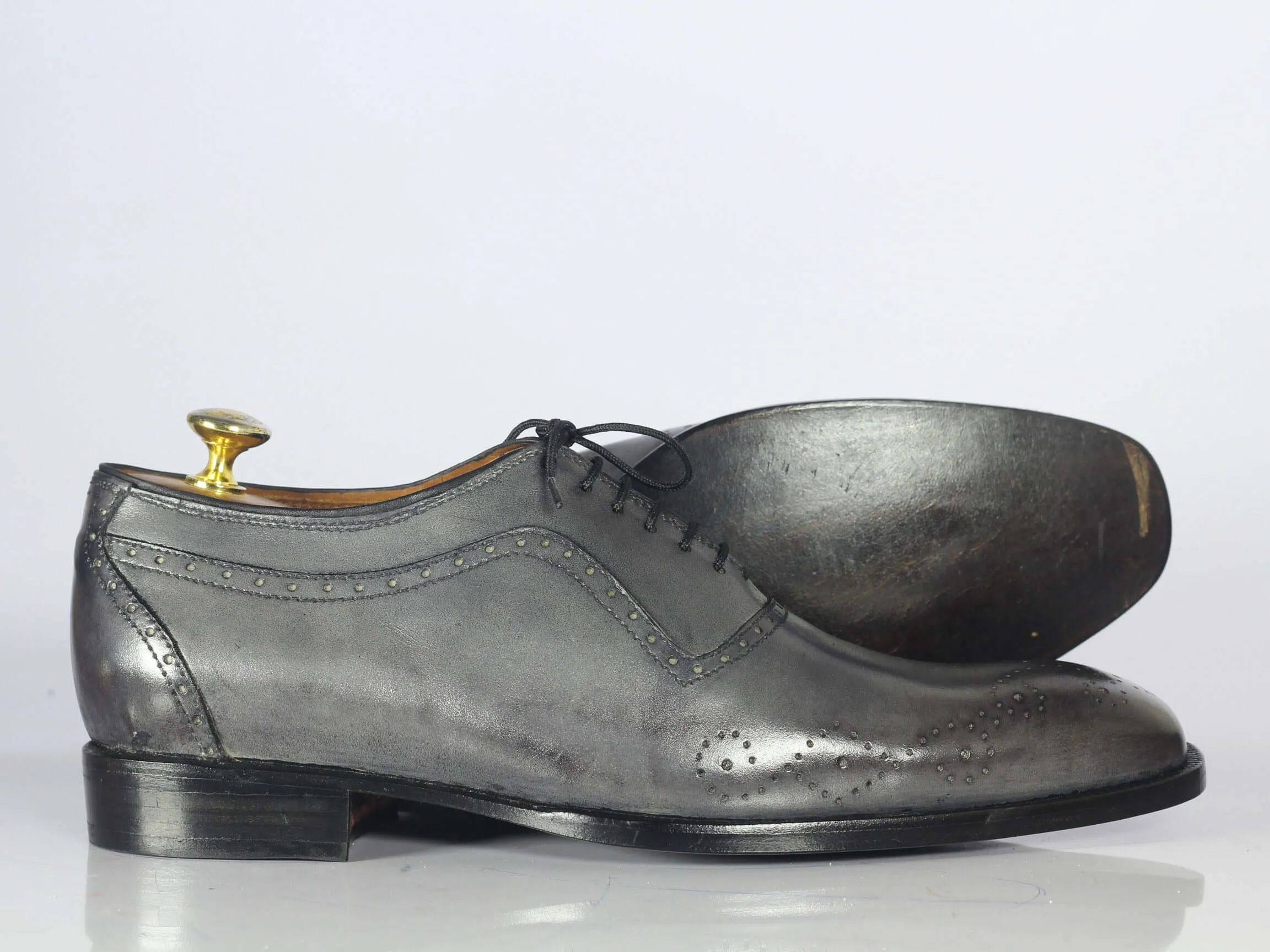 Handmade Men's Gray Leather Wing Tip Brogue Shoe, Men Lace Up Dress Formal Shoes