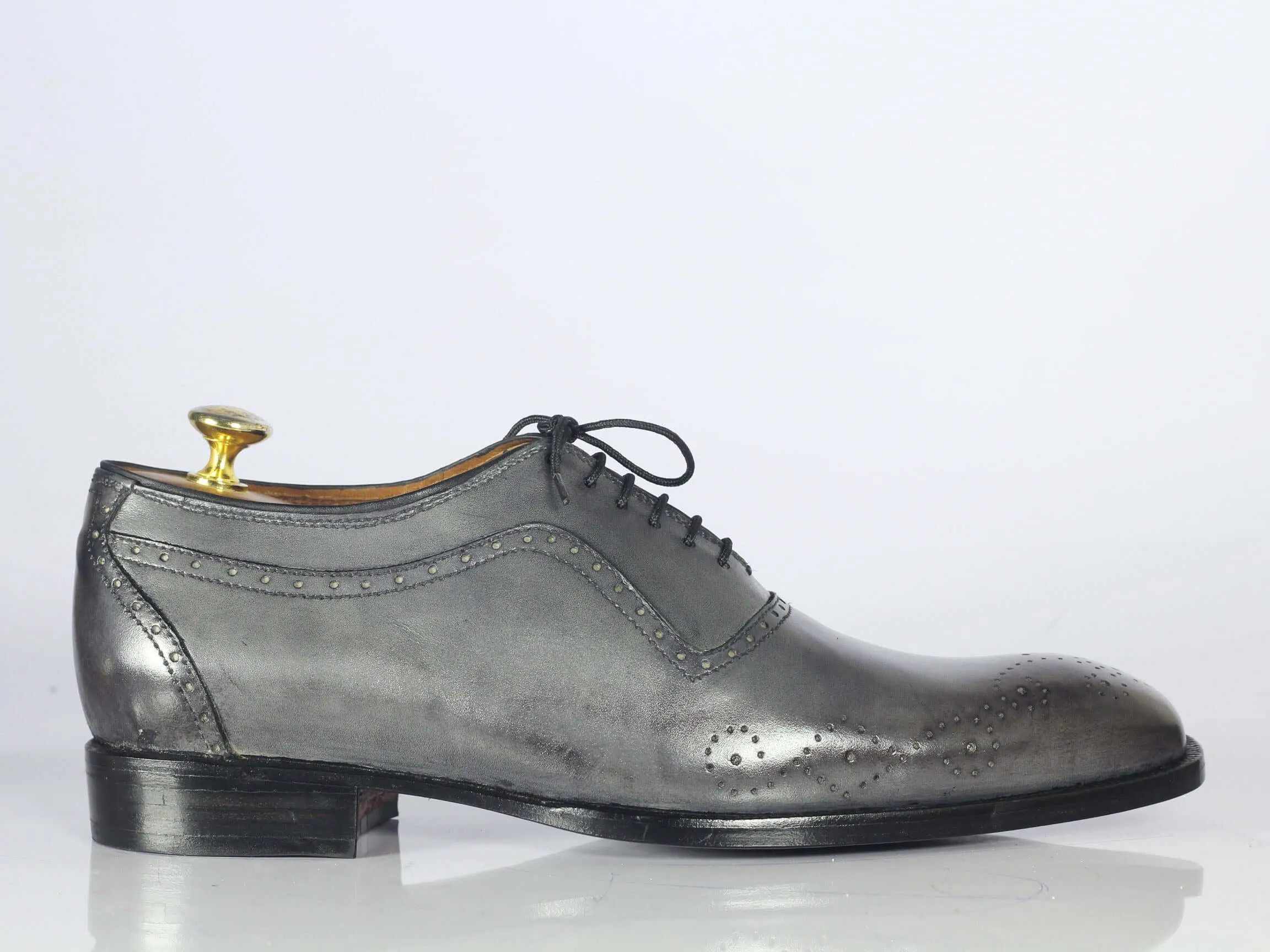 Handmade Men's Gray Leather Wing Tip Brogue Shoe, Men Lace Up Dress Formal Shoes