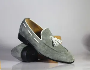 Handmade Men's Gray Tussles Loafer Shoes, Men Stylish Suede Dress Formal Shoes