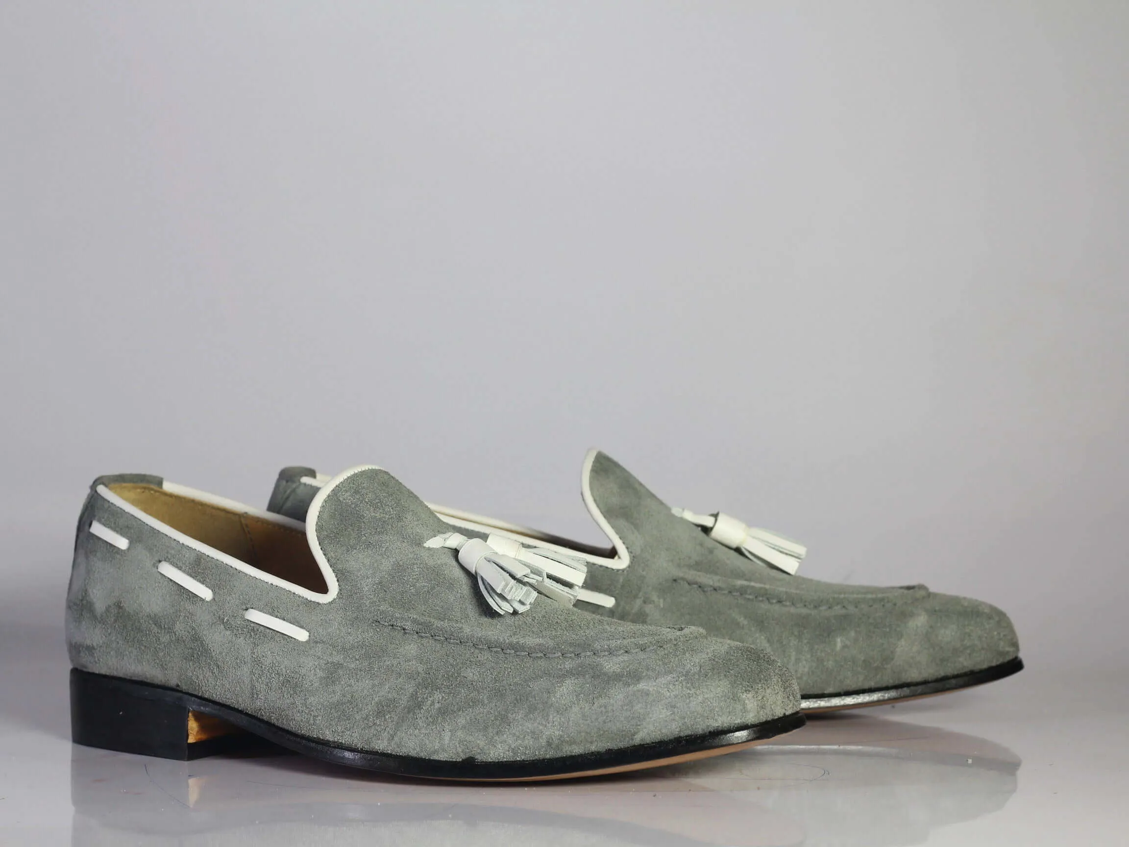 Handmade Men's Gray Tussles Loafer Shoes, Men Stylish Suede Dress Formal Shoes