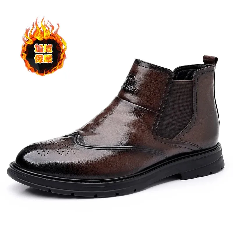 Hnzxzm New Brown Chelsea Boots for Men Black Business Ankle Boots Size 38-46 Mens Short Boots Plush Keep Warm Mens Cotton Boots