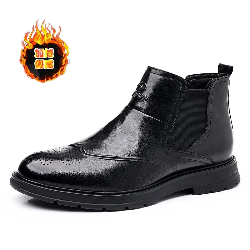 Hnzxzm New Brown Chelsea Boots for Men Black Business Ankle Boots Size 38-46 Mens Short Boots Plush Keep Warm Mens Cotton Boots