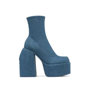 Merendy Sabah Square toe High chunky heeled Side Zipper Denim blue Chelsea boots