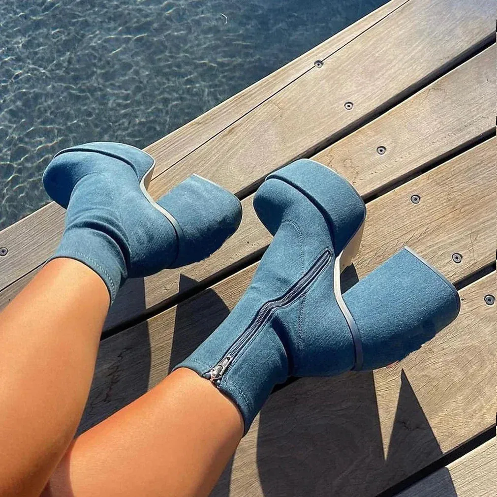 Merendy Sabah Square toe High chunky heeled Side Zipper Denim blue Chelsea boots
