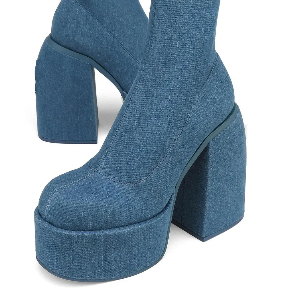 Merendy Sabah Square toe High chunky heeled Side Zipper Denim blue Chelsea boots