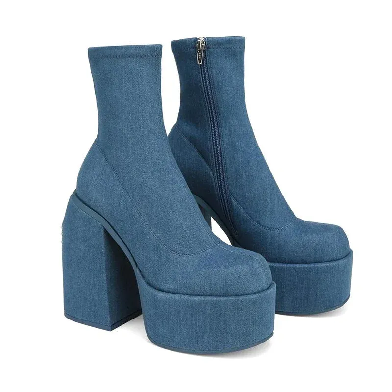Merendy Sabah Square toe High chunky heeled Side Zipper Denim blue Chelsea boots