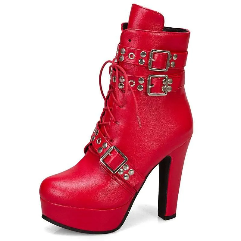 Multi Buckle High Heel Lace Up Ankle Boots in Black Leather
