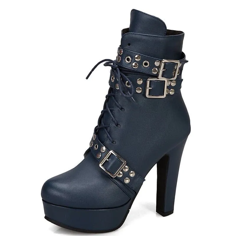 Multi Buckle High Heel Lace Up Ankle Boots in Black Leather