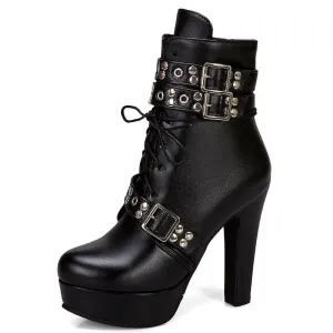 Multi Buckle High Heel Lace Up Ankle Boots in Black Leather
