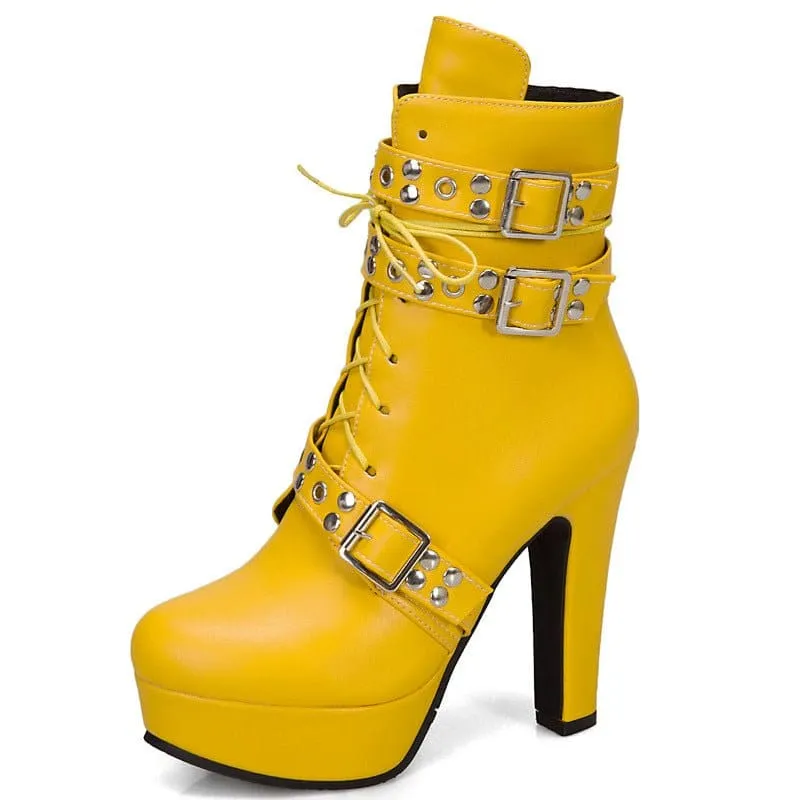 Multi Buckle High Heel Lace Up Ankle Boots in Black Leather
