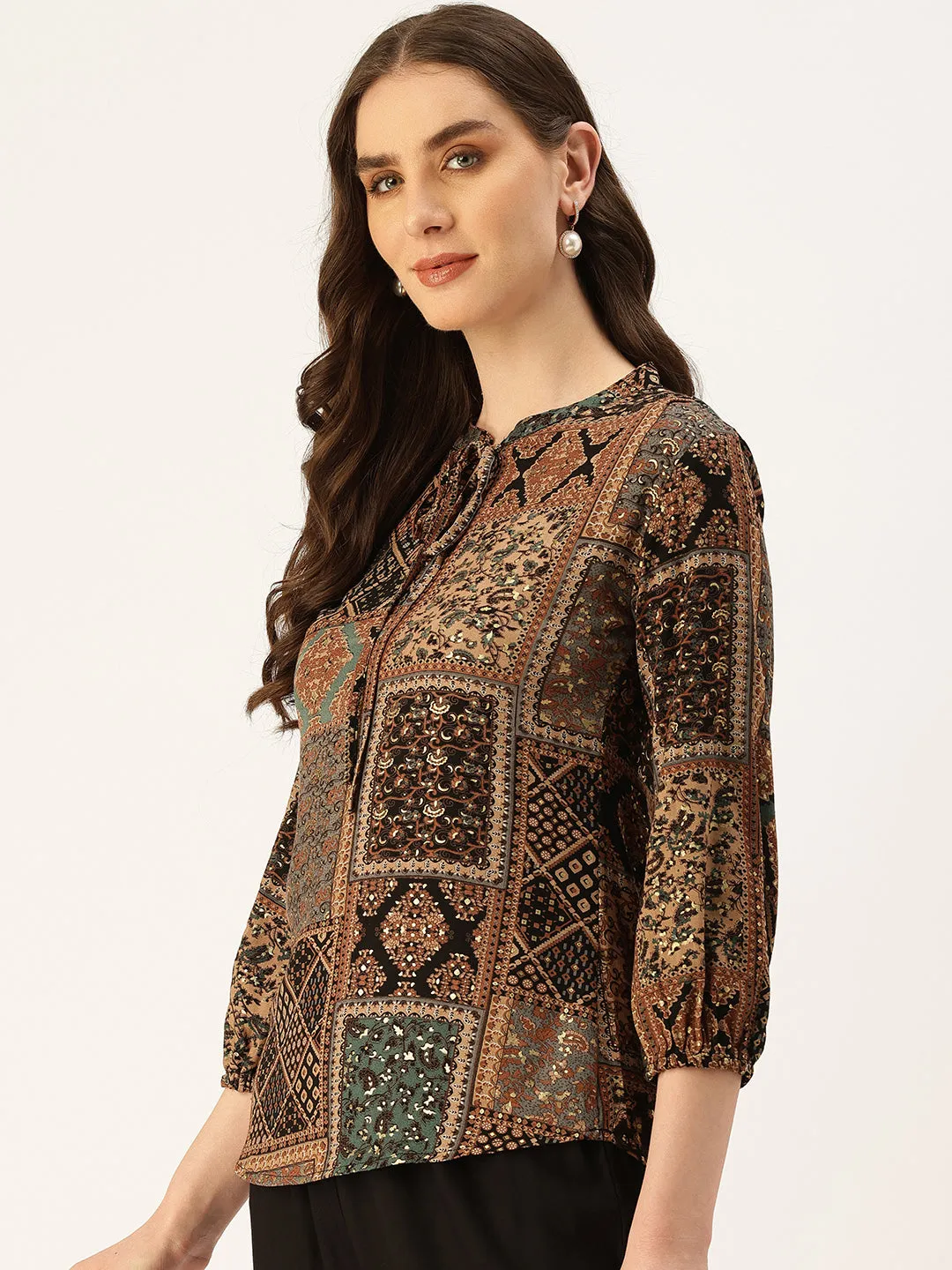 Multi Printed Tie-Up Neck Ethnic Tunic
