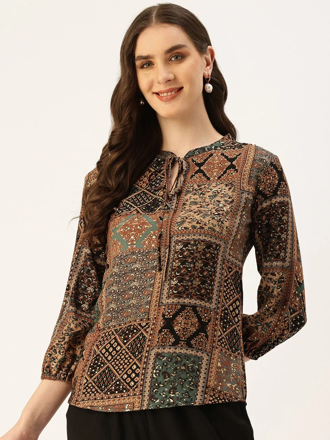 Multi Printed Tie-Up Neck Ethnic Tunic