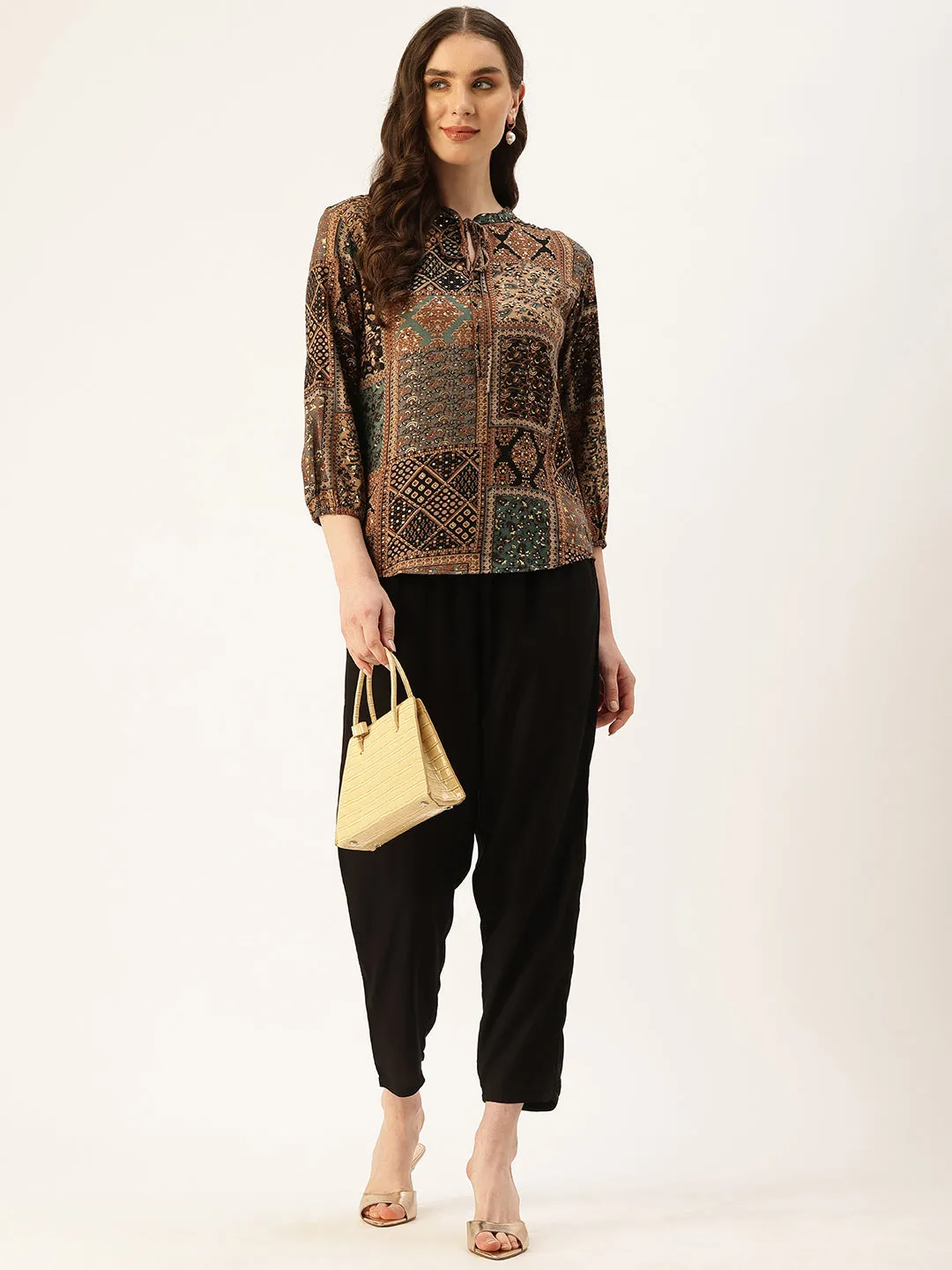 Multi Printed Tie-Up Neck Ethnic Tunic