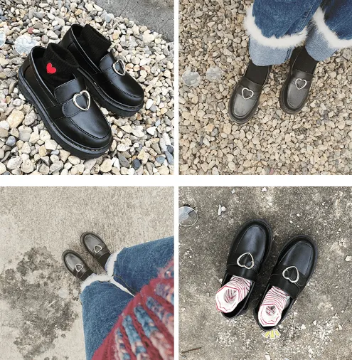 Platform Heart Buckle Black Leather Closed Boots